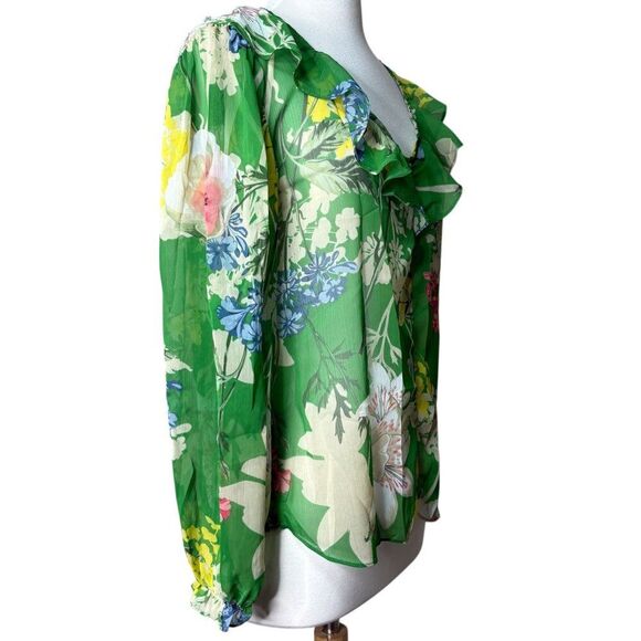 Gibson Latimer Green Floral Blouse Size Small NEW Sheer Ruffle Neckline - Picture 3 of 7